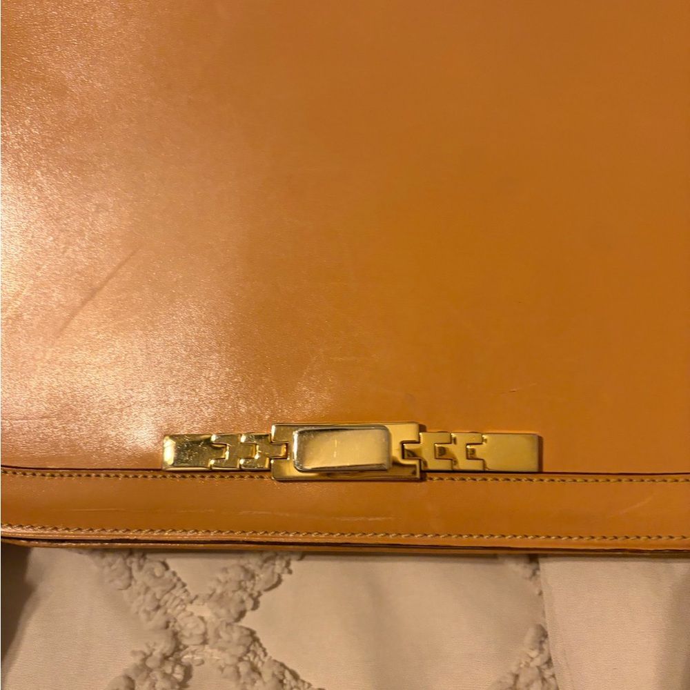 Chic Tan Leather Clutch with Gold Accents